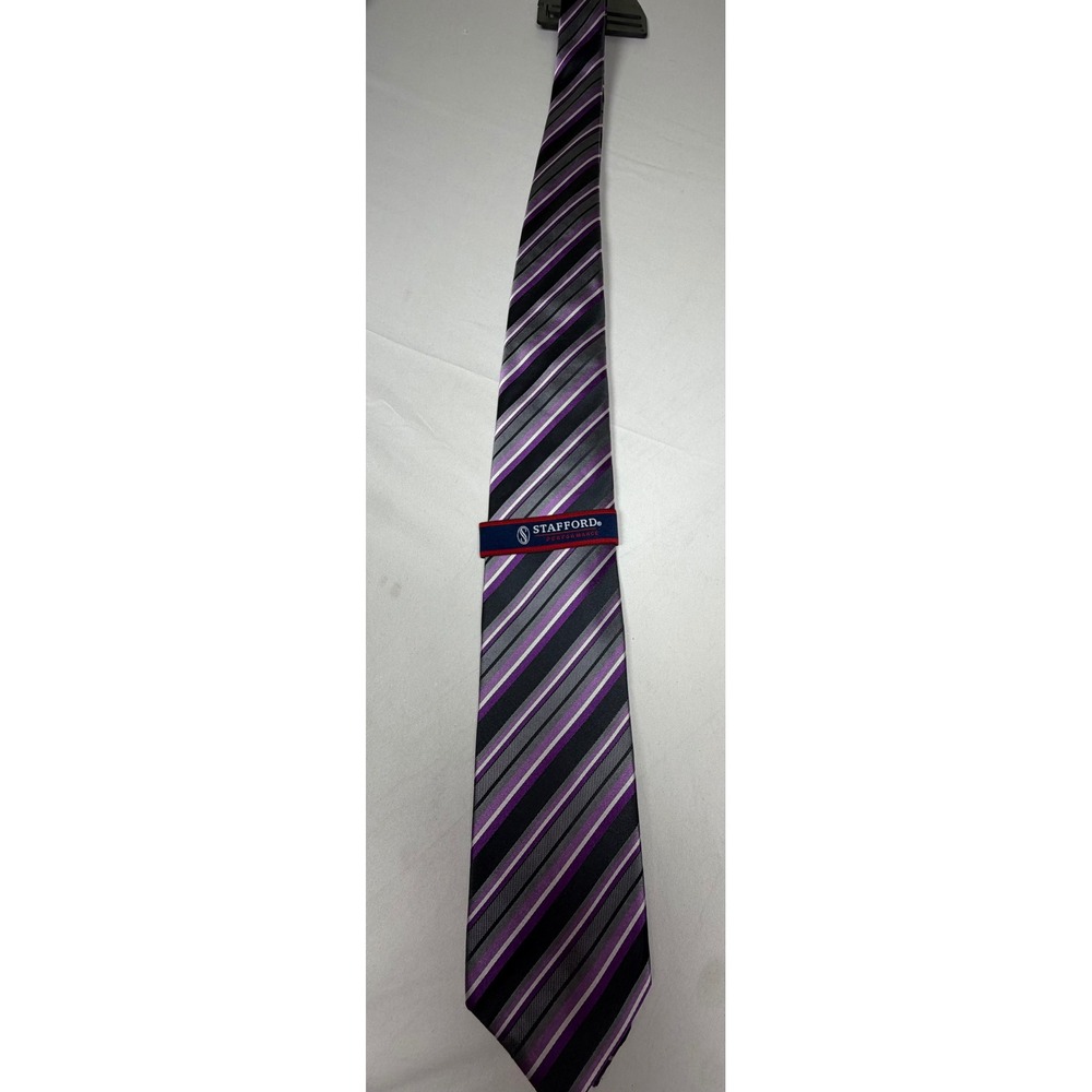 Stafford Performance Mens Silk Tie Violet Grey Black Striped Stain Resistant NEW